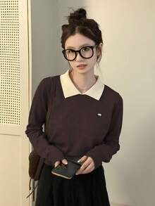 韩版 Polo 领秋冬新款露脐上衣，薄款，撞色拼接，长袖女式毛衣 - 咖色 - 查看 2