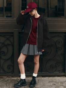 女士宽松拉链连帽夹克，休闲时尚日常通勤校园风，秋冬新品 - 黑色 - 查看 4