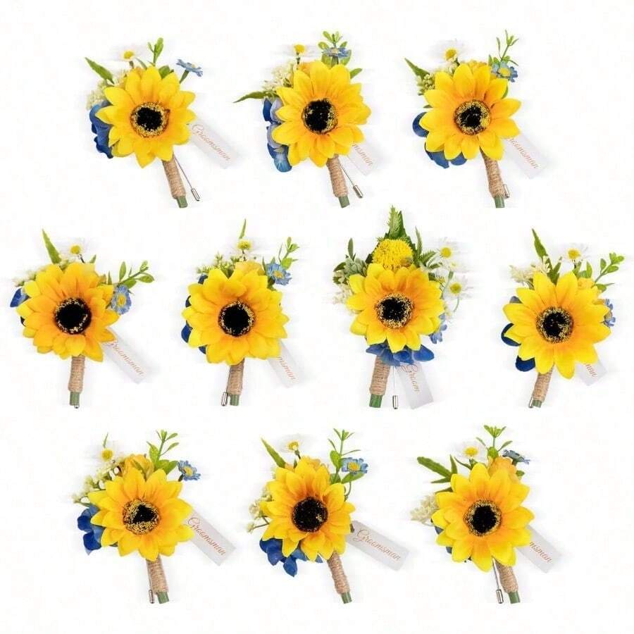 TingeTime Boutonniere para hombres boda novio y mejor hombre para ceremonia de boda aniversario cena formal y matrimonio rustico de primavera girasol y azul real - Girasol azulreal - Ver 1