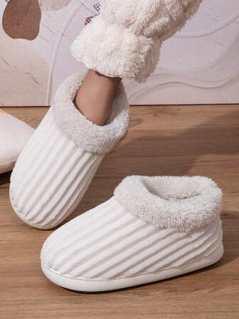 Women's New Autumn/Winter Closed Toe High-Top Slippers, Comfortable TPR Non-Slip Durable Sole, Corduroy Upper With Thick Fleece Lining, Essential Slip-On Slippers For Cold Winter