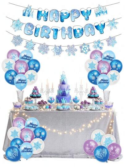 17/16/1件蓝色冰雪城堡主题生日装饰套装，雪花横幅配各种气球，梦幻庆典的完美之选，主题派对的理想之选，节日装饰，童话公主派对用品，室内派对，户外聚会，家庭庆祝活动，易于安装。
