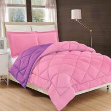 Elegant Comfort All Season Ultra Soft 3pcs Reversible Diamond Stitched Comforter Set, Down Alternative Breathable And Comfortable Quilt Luxury Hotel Quality 3 Piece Full/Queen, King/California King And Twin/Twin XL Size Bed Includes 1 Comforter And 2 Pillowcases Bedding Set, Christmas Decorations Gifts, Cozy Winter Styles, Holiday Décor - 粉紅色/紫色 - 查看 3