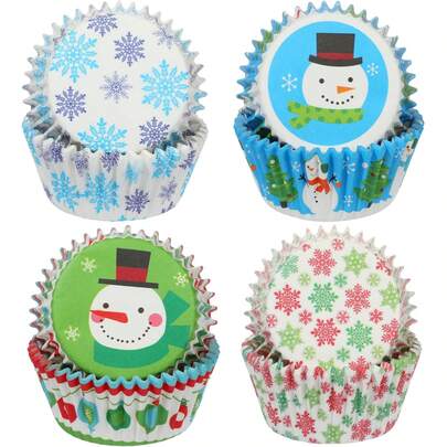 100 pièces Caissettes à cupcakes taille standard pour l'hiver Moules à muffins Motifs bonhomme de neige et flocons de neige Caissettes à cupcakes pour Noël, fêtes d'hiver, anniversaires, décoration de gâteaux et bonbons