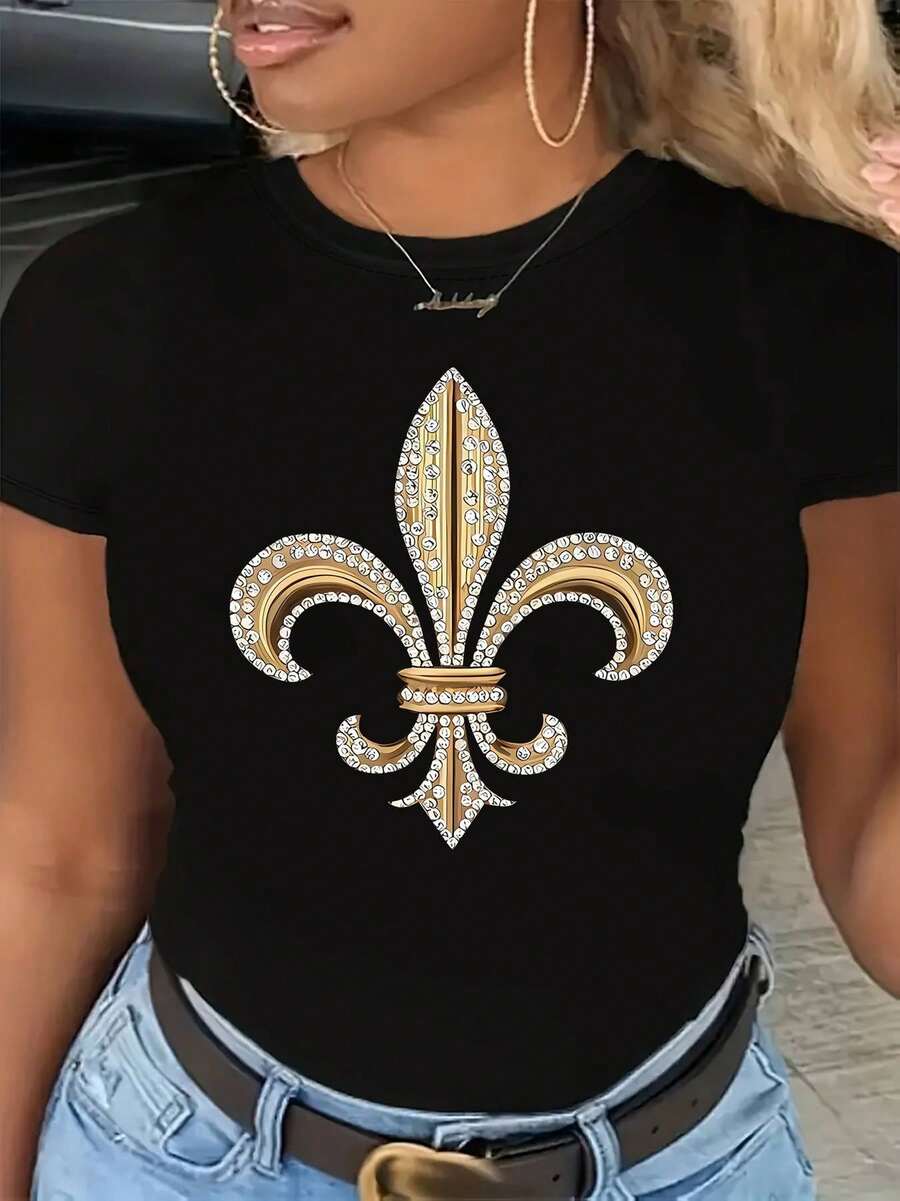 Camiseta gráfica Fleur-de-Lis para mujeres, tejido de poliéster 100%, manga corta casual con cuello de tripulación, longitud regular, para todas las estaciones