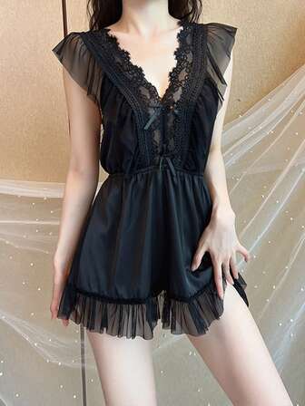 1pc/Emotional Lingerie, Deep V Nightgown, Women's Summer Small Chest, Pure Desire Style, Lace Suspender