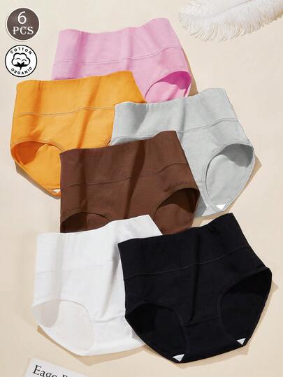 6 قطع ملابس داخلية نسائية قصيرة من القطن بخصر عالي وتحكم في البطن، ذات لون أحادي، مريحة وبسيطة، من نسيج محبوك، ملابس داخلية عادية