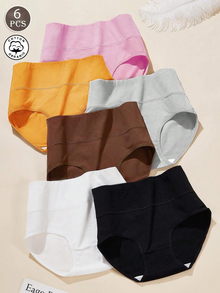 6pcs Solid Color Casual - Comfortable Minimalist Casual - Regular Casual Knit Fabric Women's Seamless Underwear Panties Cotton Shorts Tummy Control High Waist Briefs - Multicolor - View 1