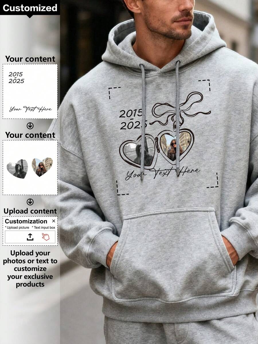 Customized Personalized Men's Hooded Sweatshirt. With Multiple Text Options Available. Just Upload The Picture And You'll Get It. A And Fashionable Choice. Make A One-Of-A-Kind Personalized Hooded Sweatshirt. This Is A Gift For Yourself And Also A Great Choice For Your Friends. - Grey - View 1