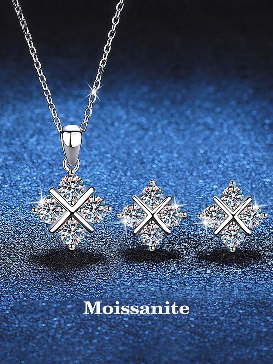BLOVEMEE 3pcs Luxury 925 Sterling Silver 2ct Moissanite Earrings & Necklace Set, Suitable For Women's Daily Wear, Party, Holiday, Mother's Day, Wedding Anniversary Jewelry Gift - TZ007M - View 1