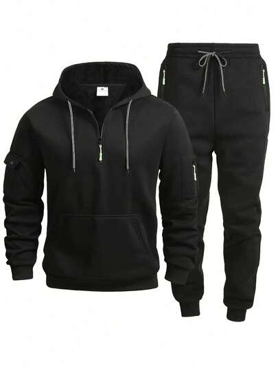 2 Pieces Men's Autumn And Winter Thermal Lined Thermal Sportswear Set, Including A Long-Sleeved Hoodie And Drawstring Pants. This Men's Sportswear Set Features Side Pockets On The Sleeves, Making It Ideal For Gym Workouts And Outdoor Hiking. It Also Makes An Excellent Gift For The Autumn And Winter Seasons.