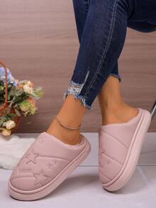 Pantufas De Casal Bordadas Em Pelúcia De Cor Sólida, Pantufas De Casa Impermeáveis, Confortáveis E Quentes Com Forro, Resistentes À Sujeira, Para Mulheres E Homens. Pantufas Impermeáveis Com Forro E Decoração De Estrelas Para Uso Externo, Ideais Para Outono/Inverno/Primavera.