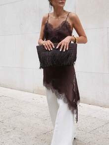 Women Y2k Satin Lace Trim Cami Shirt Spaghetti Strap Side Split Asymmetrical Silky Camisoles Going Out Tops - Cà phê - Xem 2