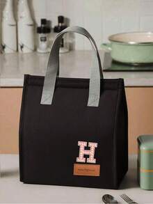 1pc Pearl Letter Pattern Canvas Tote Bag, Simple English Letter Solid Color DIY Handheld Insulated Lunch Bag, Lunch Box Bag, Thermal Lunch Bag, Large Capacity Insulated Lunch Tote Bag For Students, Office Workers, Waterproof, Oil-Proof - Multicolor - View 130