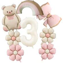 8pcs Pink Bowknot Bear Balloon Set, Includes 32inch Cream Color Numbers 1-6, Rainbow, Pink Bow, Pink Flower Balloons, Suitable For Wedding, Birthday, Anniversary Decoration - White - View 6