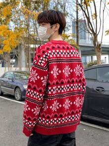 Suéter masculino de Natal, suéter vermelho com estampa de floco de neve, novo estilo 2025, borla desgastada