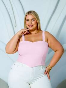 PLUS SIZE BENGALINE CROPPED TOP WITH STRAP AND POINT DETAIL - 淺粉色 - 查看 1