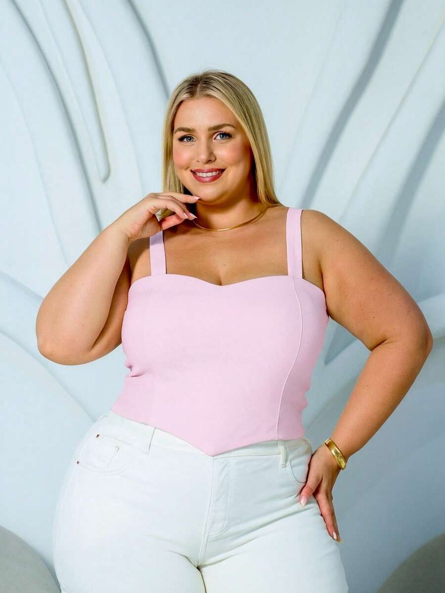 PLUS SIZE BENGALINE CROPPED TOP WITH STRAP AND POINT DETAIL - 淺粉色 - 查看 1