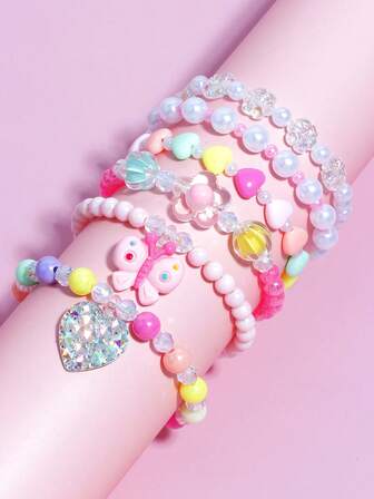 6 件/套女孩可爱心形、蝴蝶、花朵串珠手链、腕带、手腕配饰，适合节日、生日、派对、假日、最好的朋友，颜色随机