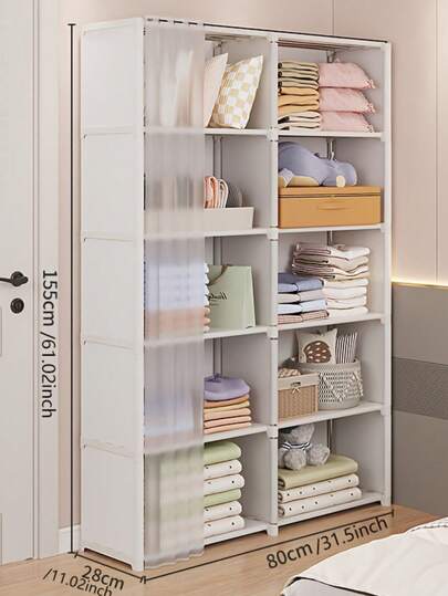 5/6 Tier White Bookcase, Space-Saving Bookshelf With Dust Cover, Multifunctional Display Cabinet For Books, Clothes, Suitable For Bedroom, Study, Rental, Dorm