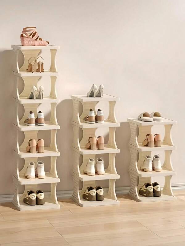 This Foldable Plastic Shoe Rack Is Removable And Space-Saving, Perfect For Storing Men's Leather Shoes, Sneakers, And Casual Shoes, As Well As Women's High Heels, Moccasins, And Boots. It's Perfect For Storing Winter Shoes In Entryways, Hallways, Bedrooms, Living Rooms, And Offices. Beige Stackable Bedroom Entryway Storage Rack, Adjustable Shoe Rack With Shoe Slots, Simple Tower Rack.