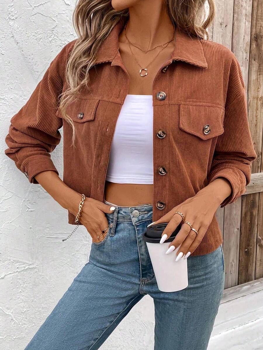 2025 Autumn/Winter Korean-Style Warm And Fashionable Coat, Corduroy Coat That Is Versatile And Suitable For Daily Wear, Elegant Appearance - 咖色 - 查看 1