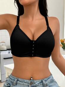 Full Bust Wirefree Bra - Front Hook & Adjustable Straps | Supportive Ribbed Design With Fixed Pads-Engineered For C-E Cups (1 Piece) - Black - View 5