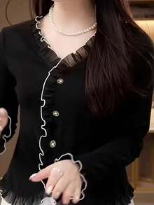 Sexy European & American Stylish Party Oblique Shoulder Fitted Graphic Design Blouse For Women Spring Black - Black - View 5