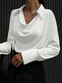 Classic White Button-Detail Regular Fit Cowl Neck Long Sleeve Shirt For Women,Fall Clothes ,Fall Dresses For Women ,Fall Outfits Women ,Autumn Clothes,Business Casual Woman ,Business Casual Outfits Women ,Business Casual , Vintage Clothes Women ,Vintage Clothes ,Business Casual Woman ,Office Outfits For Women ,Work Clothes Women - White - View 6