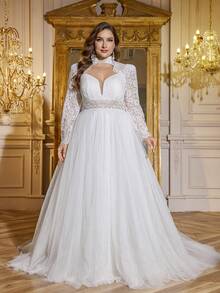 UNITHORSE 大码 V 领镂空蕾丝刺绣网纱拼接白色婚纱，白色连衣裙 - 白色 - 查看 3