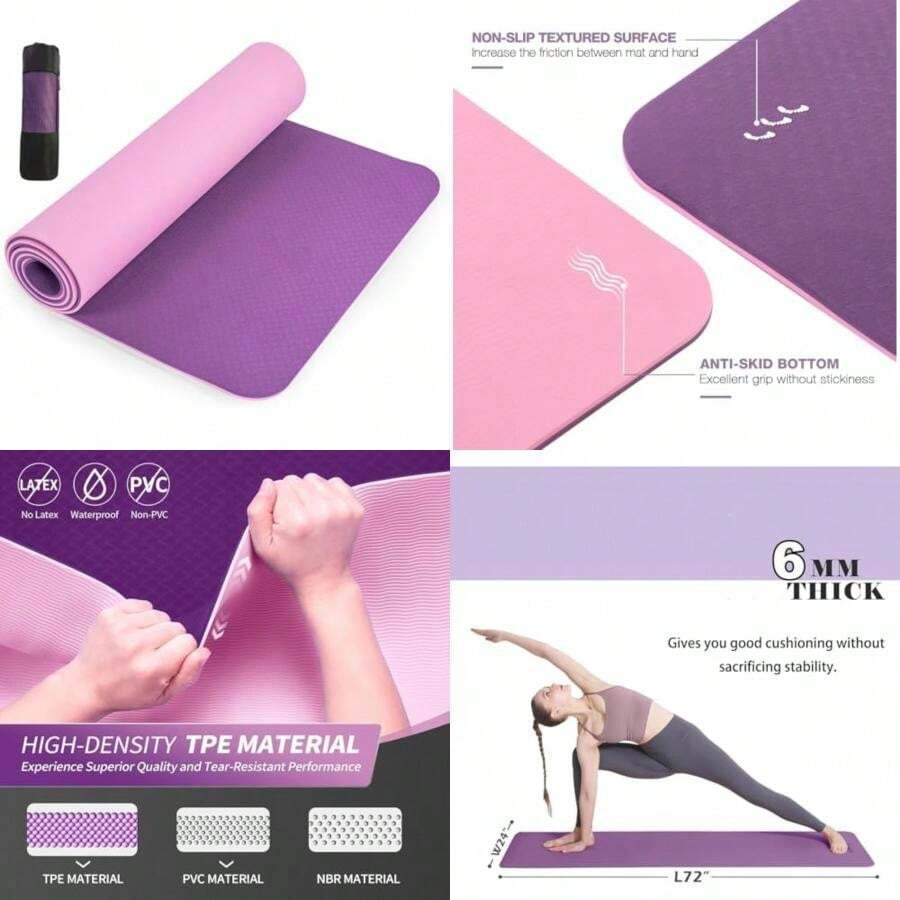 Tapete de Yoga Antideslizante y Cómodos,Yoga Mat para Ejercicio de Calidad y Ecológico,183 x 61CM,Suavecito y Grueso,Deporte Colchoneta Fitness Alfombrilla Gimnasio de Ejercicio para Yoga/Gym/Pilates(Morado Oscuro+Rosa) - Tipo 1 - Ver 1