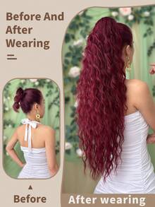 Claw Shaped Ponytail Extension Hair Accessory Red 26 Inch Water Ripple Heat-Resistant Fiber Synthetic Ponytail Wig, Suitable For Women's Christmas, Halloween Parties And Daily Use - Red - View 3