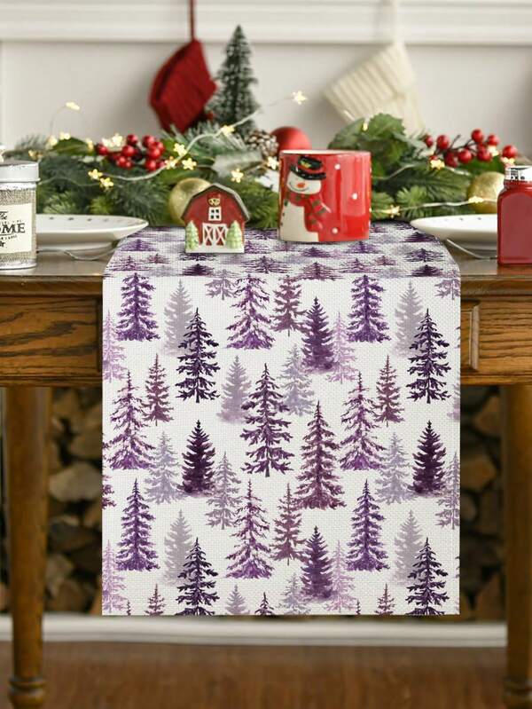 1 pieza/15 piezas Camino de mesa de lino navideño, Camino de mesa con árbol de Navidad en acuarela morada, Feliz Navidad, Adecuado para el hogar, restaurante, decoración de mesa de comedor