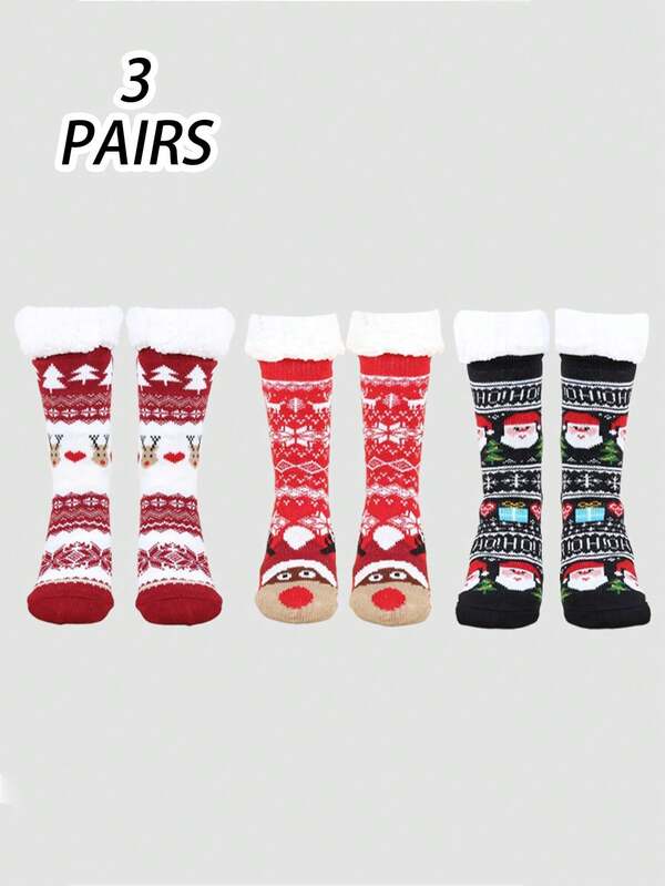 1/3 Pairs Thick Christmas Socks For Women, Mid-Calf Length, Anti-Slip Bottom, Plush Lining, Cute Indoor House Socks, Gift