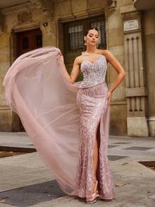 Faeriesty Đầm dạ hội cúp ngực thanh lịch dành cho nữ – Chi tiết buộc dây phía sau, xẻ tà cao, kiểu đuôi cá phối voan với đuôi váy dài thướt tha – Hoàn hảo cho các đám cưới trang trọng, dạ tiệc thảm đỏ, đêm nhạc opera, dạ hội từ thiện và các buổi lễ trao giải danh giá. - Hồng - Xem 4