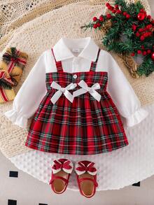Baby Girl Elegant Collared Color Block Plaid 2 In 1 Bow Ruffle Trim Long Sleeve Waist Cinched Dress - Red - View 1