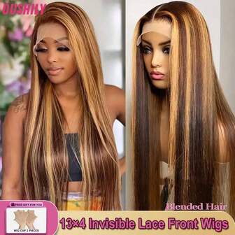 34 英寸直发巴西处女蕾丝前假发无胶混合发假发 - 13*4 200% 密度挑染 P4/27 渐变蜜金色 - 高清透明直发蕾丝前假发 - 真人混合发质耳垂预拔预剪自然发际线蕾丝闭合假发 - 适合所有种族的优雅风格