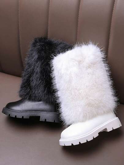 1 Pair Toddler/Little Girls' Tall Snow Boots, Soft & Comfortable Rabbit Fur PU Fabric Plush Lining, Back Zipper Design Round Toe Soft Sole, Fashion High-Top Boots Suitable For 3-12 Years Old Girls, Suitable For Party, Performance, Campus, Skiing, Autumn/Winter New