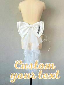 1 Piece Of Personalized Custom White Satin Ribbon Bow Decorative Belt, Suitable For Wedding Dresses, Bow With Asymmetrical Tulle Tail, With Asymmetrical Mesh Satin Ribbon Drape, One Size New Fashion Satin Wedding Bow, With Ruffled Tulle Lolita Bridal Dress Decoration, Bow Belt, Women's Accessories