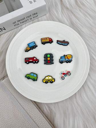 9pcs/Set Cute Cartoon Vehicle Pattern Accessories For Sandals, Bracelets, Slippers, Phone Decoration, Suitable For Couples, Birthday, Holiday Gifts