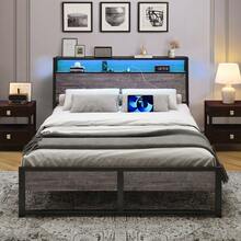 LED Bed Frame With Storage Headboard, Metal Platform Bed Frame With Charging Station, Heavy Duty Steel Slats, No Noise, Easy Assembly, Black Bed Frame, Twin/ Full/ Queen/ King - 灰色 - 查看 14
