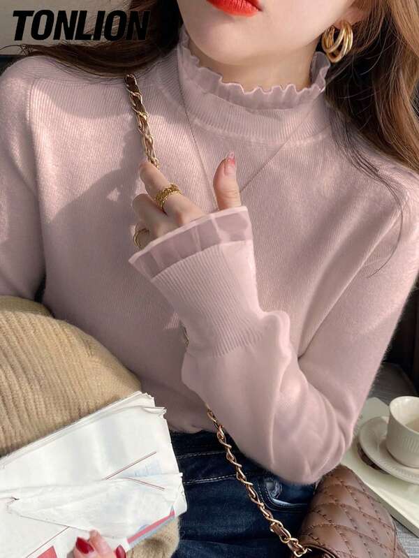 tonlion Tonlion Women Ruffle Trim Turtleneck Sweater, Autumn/Winter
