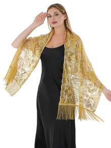 New Luxury Sequin Embroidered Tassel Shawl, Suitable For Wedding, Banquet, Ball, Party, Cheongsam, Floral & Paisley Print, Polyester, All Season