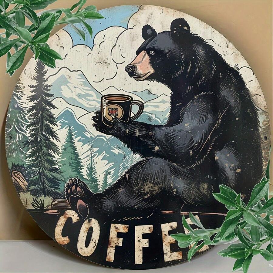 Vintage Schwarzbär Kaffee Runde Wanddekoration - 8 Zoll Metallschild für Café, Bar, Strandhaus | Retro-Stil Poster ideal für Garten & kreative DIY Geschenke.