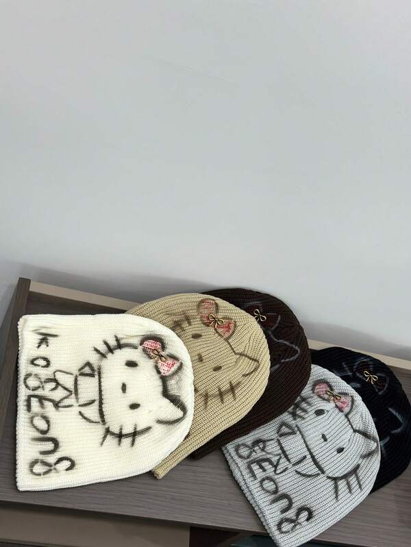 1 Stück bunte Katzen-Muster warme und vielseitige Beanie Mütze, süße unisex Paar Strickmütze (jede Charge hat andere englische Graffiti)