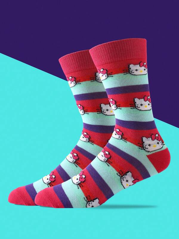 Sanrio 1 Pair High Quality Colorful Hello Kitty Cartoon Mid-Calf Socks, Unisex Cute & Comfortable Socks Suitable For Easter/Birthday/Thanksgiving/Halloween/Christmas/Carnival/Valentine's Day/Party Gifts