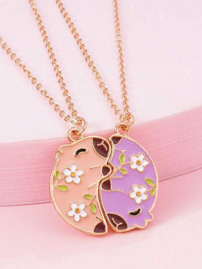 2pcs Girls' Multi-Color Zinc Alloy Oil Drop Magnetism Floral Decor Necklace Set, Suitable For Girls And Daughters Bestie Friendship Gift