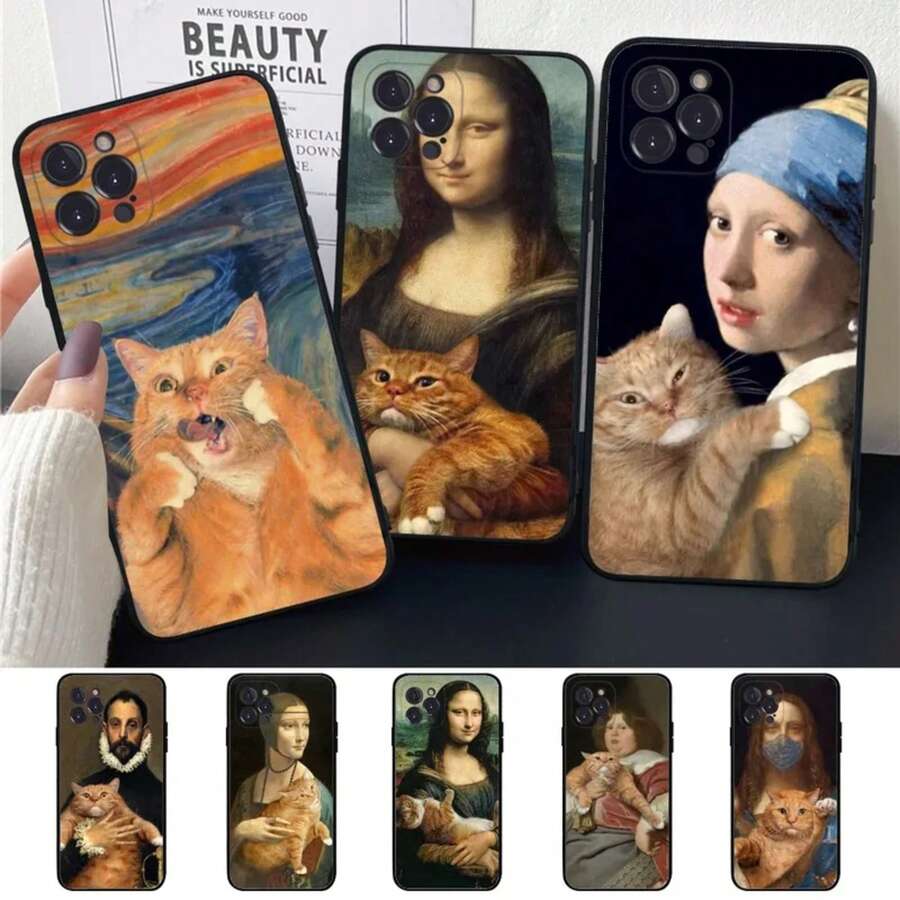 Funda de teléfono de silicona suave con diseño de gato divertido de Van Gogh Mona Lisa para 15 14 13 12 11 Pro Mini XS MAX 8 7 6 Plus X XS XR, compatible con funda de 17, funda de 17 Pro, funda de 17 Pro Max - z10 - Ver 1