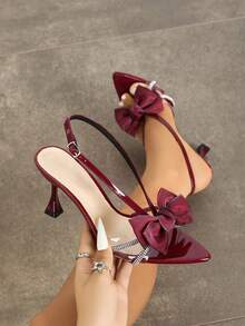 Women's High Heels, Fashionable For Spring/Autumn Nightclub Parties, Outdoor Events, Elegant Banquets. Featuring Electroplated Black Stiletto Heel, Pointed Toe, Sparkling Rhinestone Strap, PVC Transparent Glass Jelly Strap , Floral Butterfly Design, High-Quality Mirror-Finish Material, Sexy Backstrap, Graceful And Luxurious Wine Red Shoes For Vacation, Prom, Wedding, Bride - Burgundy - View 2
