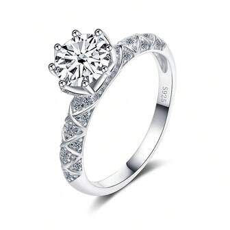 1pc 1CT Round Moissanite S925 Sterling Silver Ring, Fashion Jewelry For Women, Suitable For Daily, Dating, Party Wear, Comes With Gift Box