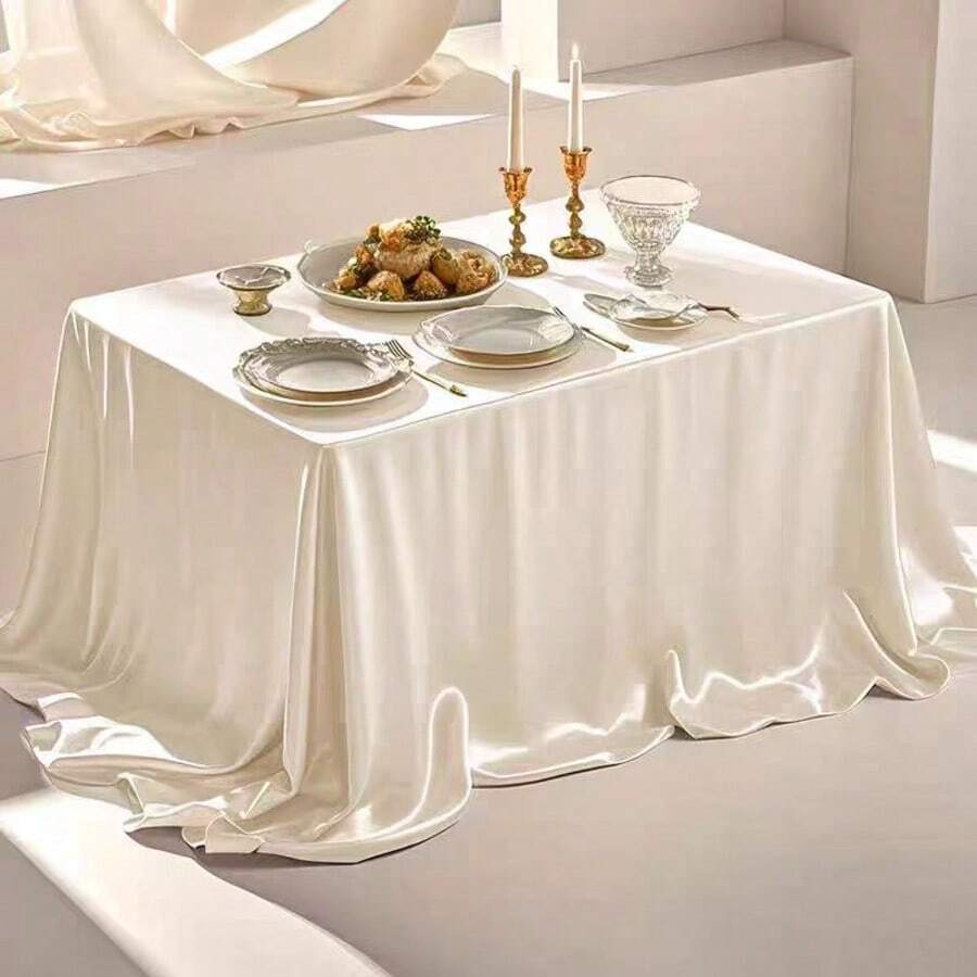 1pc High-End Party/Restaurant Solid Color Satin Tablecloth - Beige - View 1